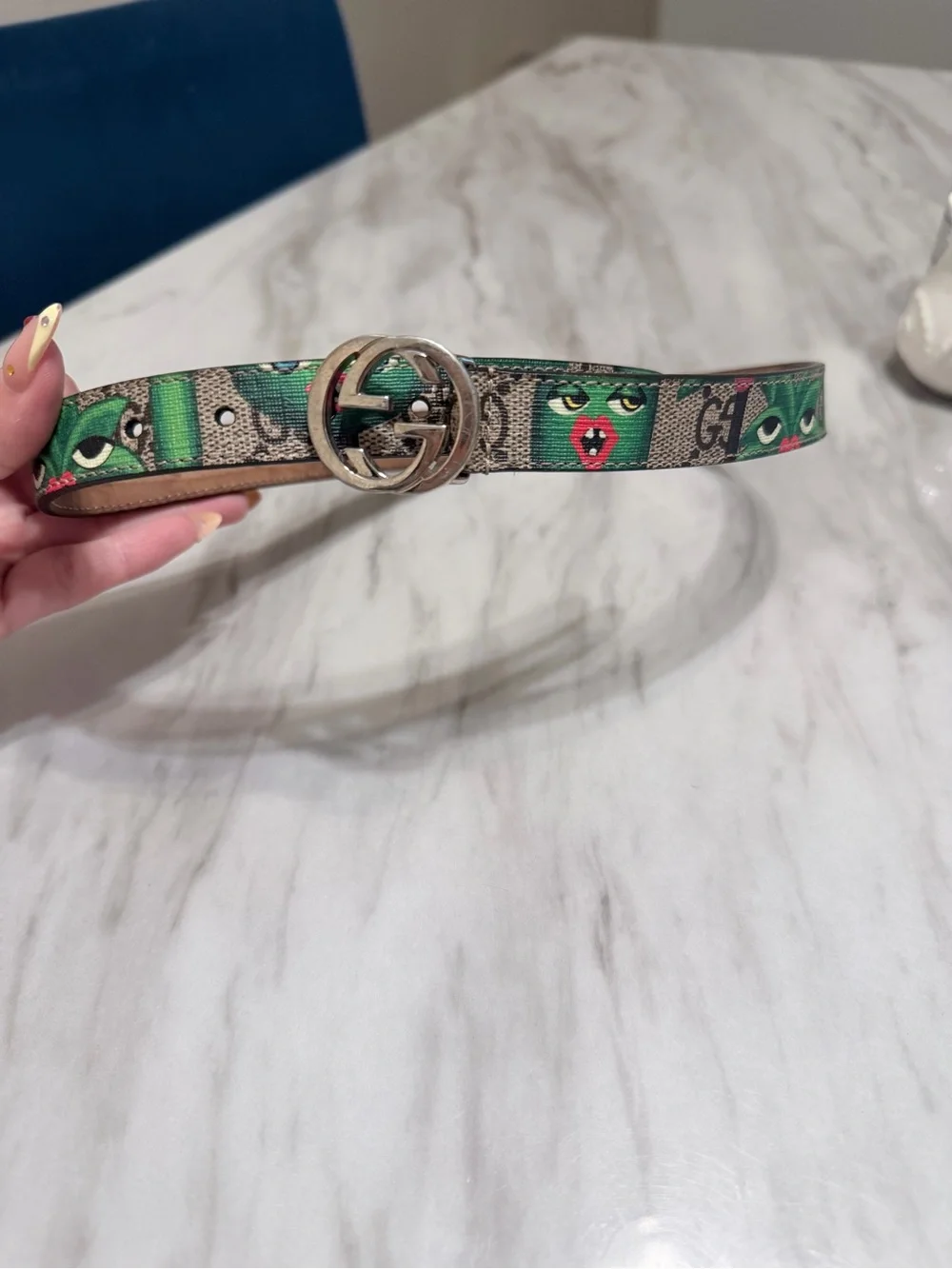 Gucci Beige GG Canvas Belt with Green Character Print and Silver Double G